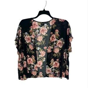 Emory Rose Women Size XL Black With Pink Roses Open Front Sheer Short Kimono